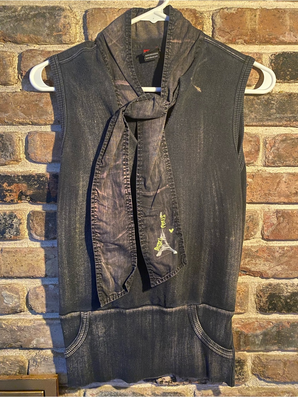 Diesel Sleeveless Tie-Neck Washed Effect Women's Top - Charcoal Gray